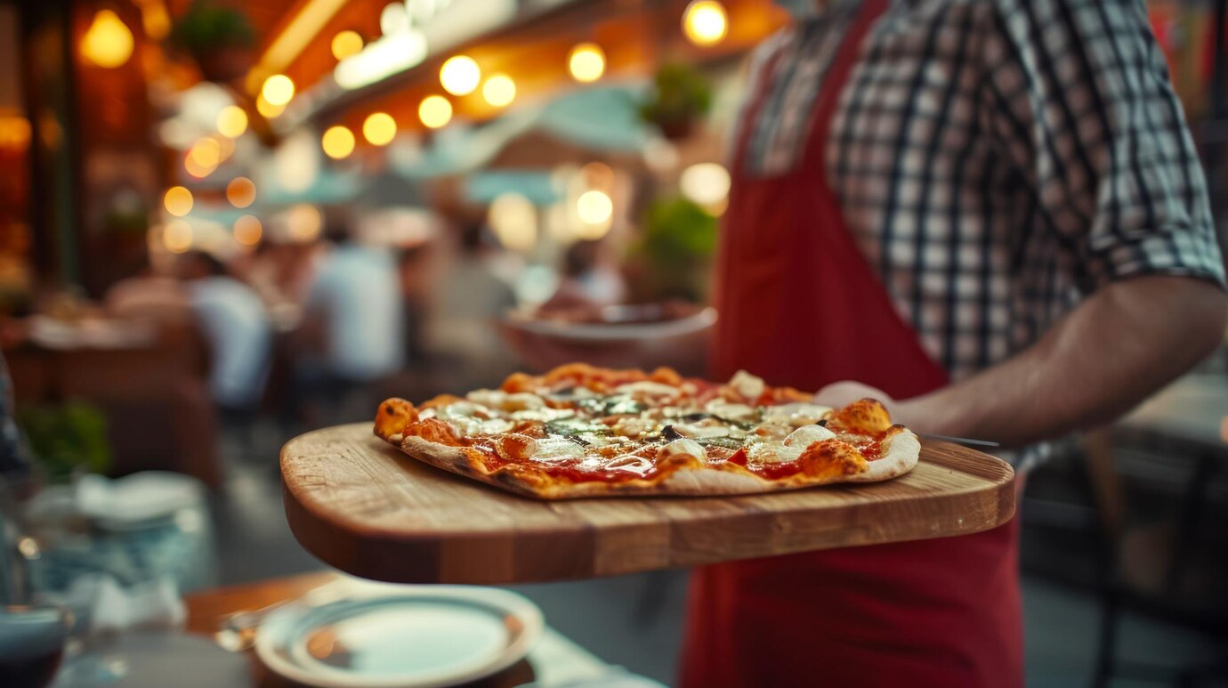 camarero pizzeria local llevando pizza bandeja madera clientes antigua pizzeria calle italiana 166373 6637